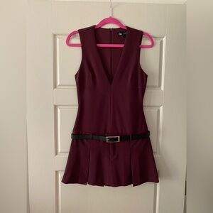 Zara Burgundy Sleeveless V-Neck Mini Dress with Black Belt